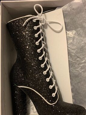 Black Glitter Lace-Up Ankle Boots with White Trim